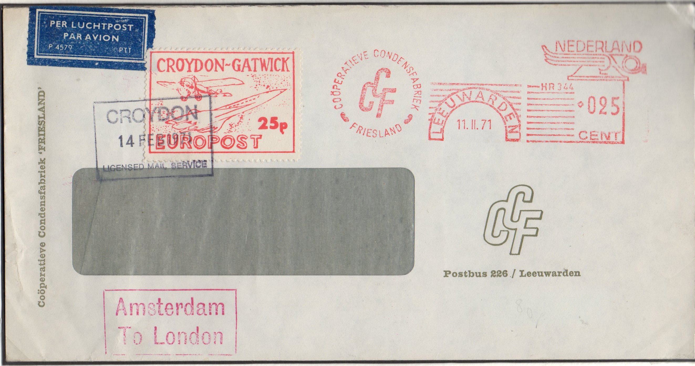 1971 Croydon Gatwick Strike Post 25p Concorde Bleriot XI Leeuwarden to Croydon cover 14 Feb 1971. Stamp with 'extended p' variety.